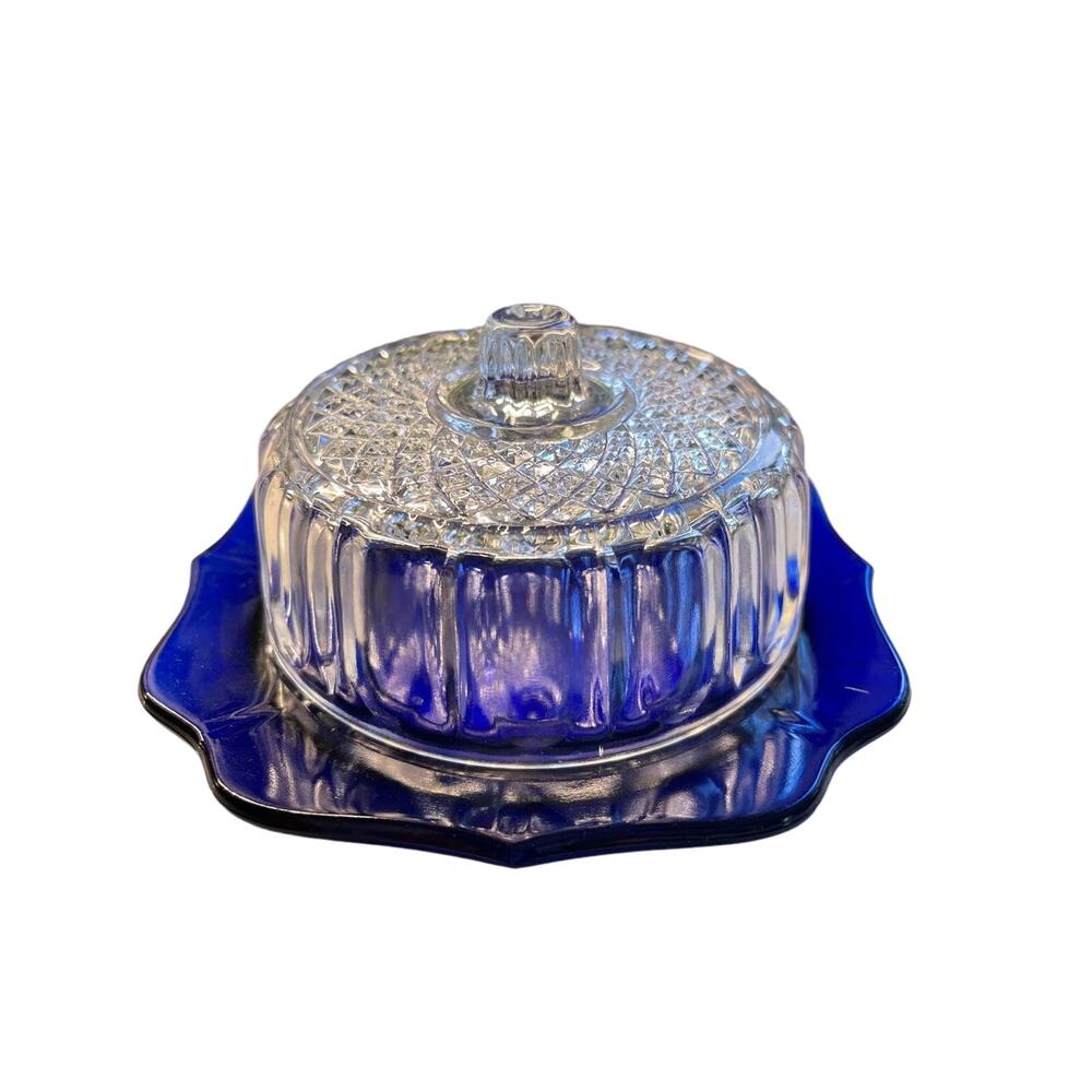 Vintage Cobalt Blue Butter Dish with Clear Lid 1950's MCM